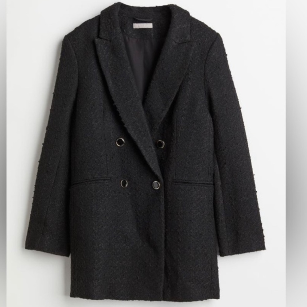 H&M Boucle Double Breasted Jacket Straight-Cut Black Never Worn Size Medium